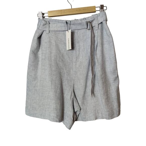 NWT Calvin Klein Women's Sz 12 Blue Grey Linen Blend Belted High Waist Shorts - Picture 7 of 7
